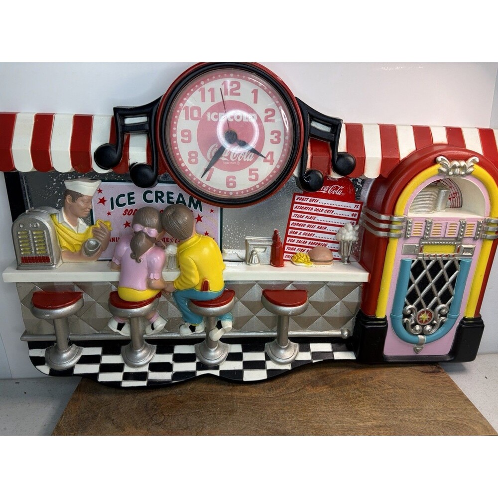 Coca Cola 21"x13" Ice Cream Soda Fountain Diner 3D Hanging Wall Clock 50's Vtg